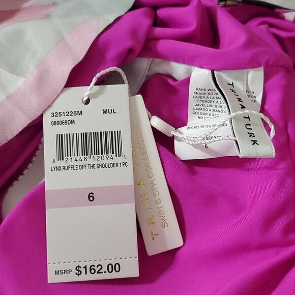 Trina Turk Lynx Floral Print Ruffle Off-the-Shoulder One Piece Swimsuit Sz 6, 12 - Picture 9 of 9